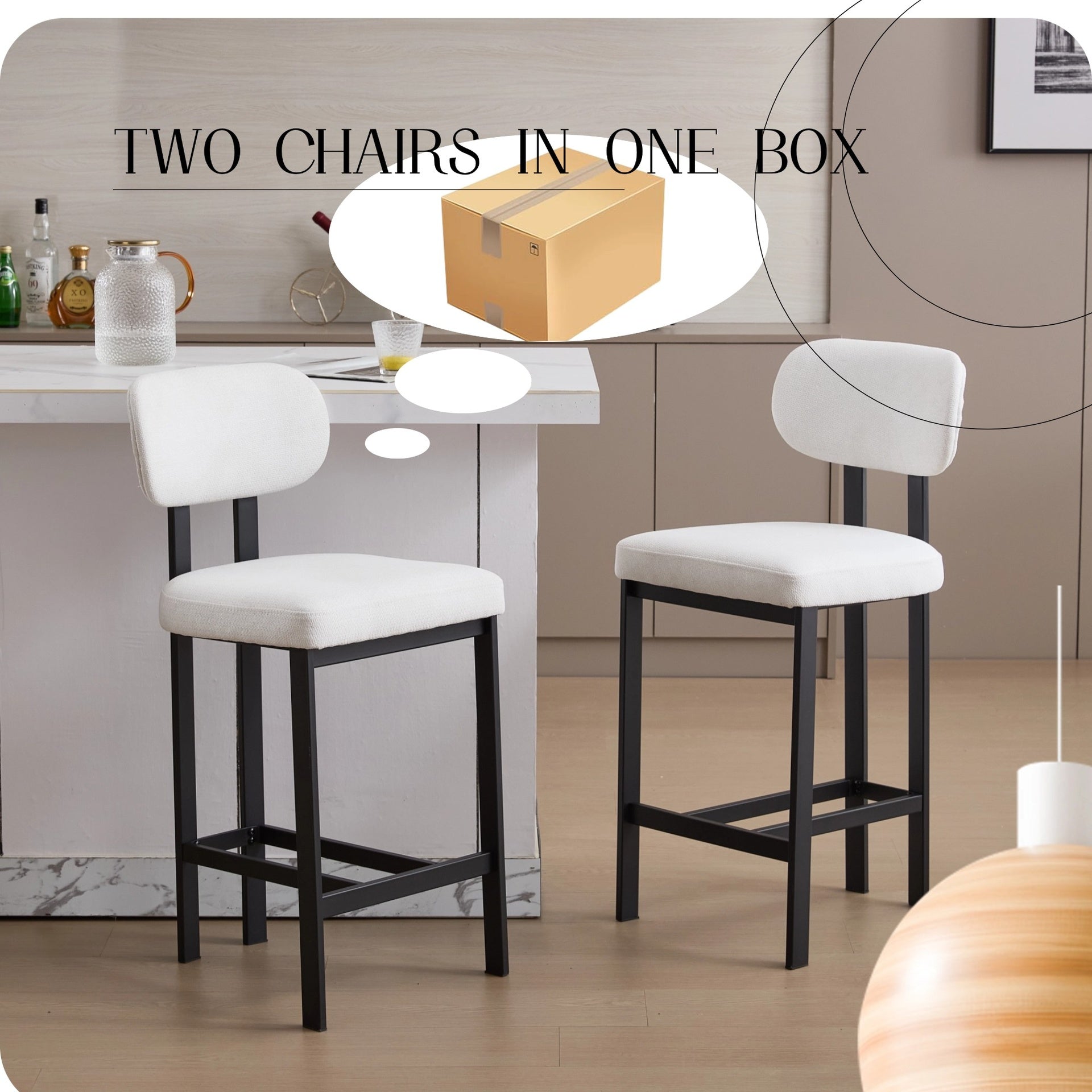 Bar Stools Set of 2, 26 inch Modern Upholstered Fabric Counter Height Barstools, Kitchen Island Chairs with Black Metal Legs for Dining Room/Kitchen Island/Bar