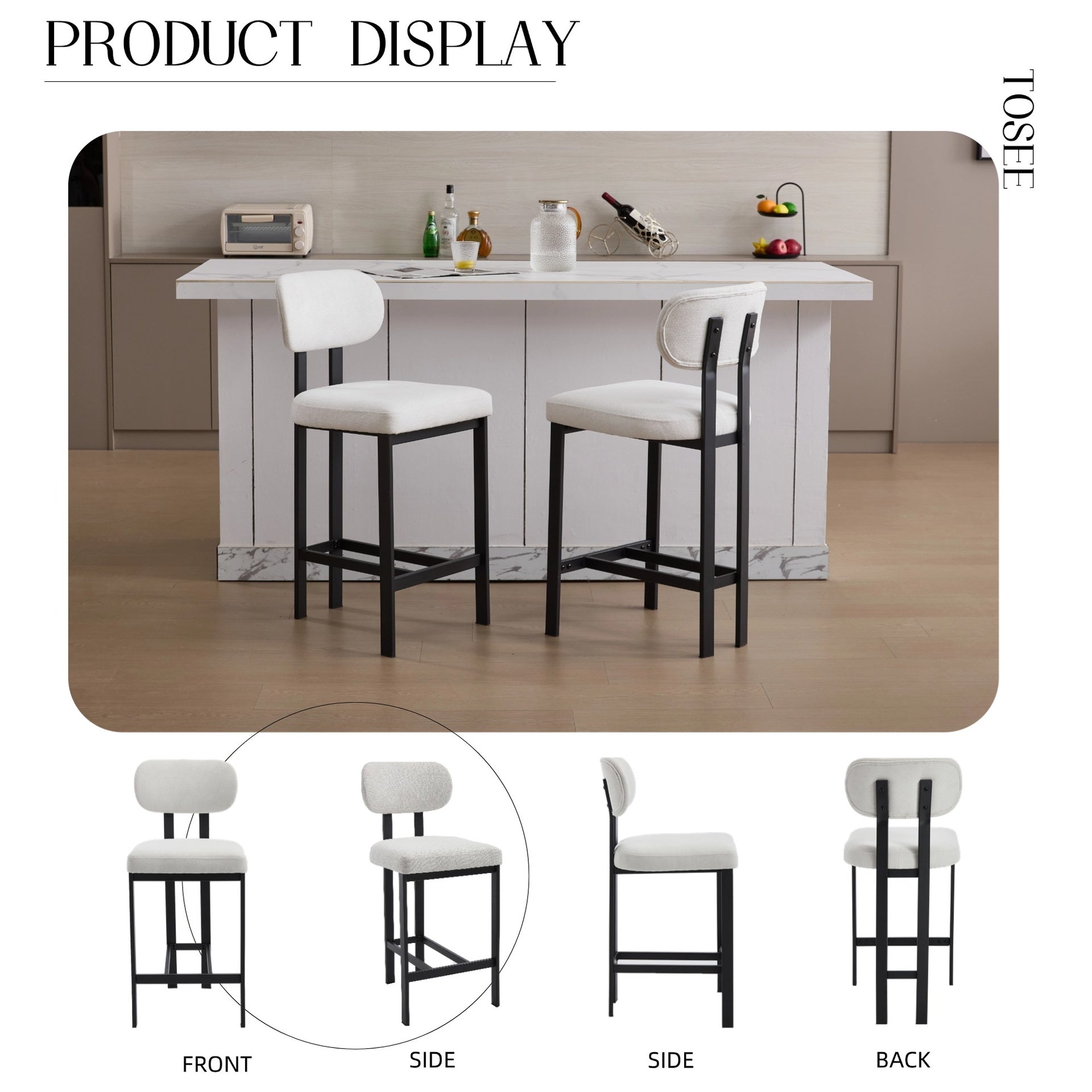 Bar Stools Set of 2, 26 inch Modern Upholstered Fabric Counter Height Barstools, Kitchen Island Chairs with Black Metal Legs for Dining Room/Kitchen Island/Bar