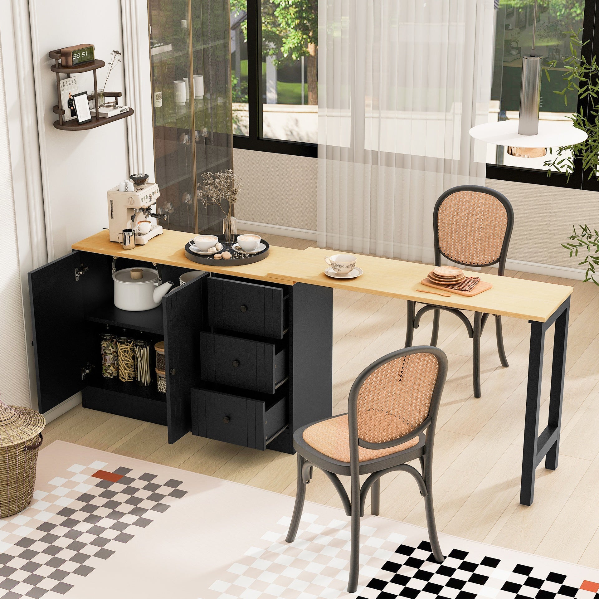 U_STYLE 89.7''Wooden Sideboard with Extendable Table,Multifunctional Storage Cabinet with 2 Doors and 3 Drawers,for Living Room,Study,Foyer and Kitchen