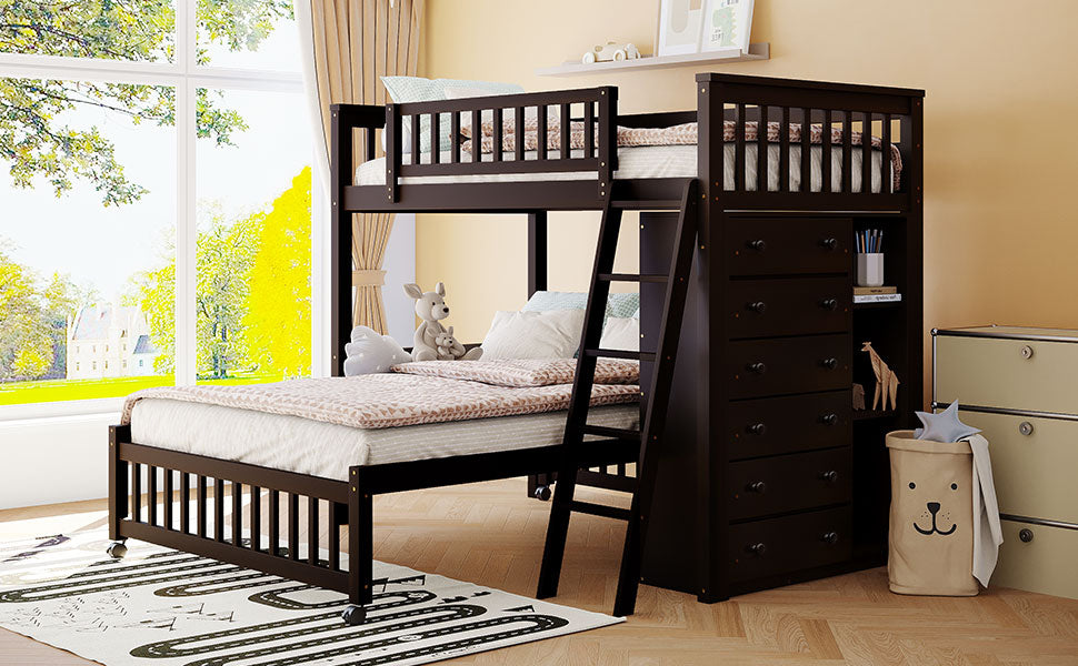 Wooden Twin Over Full Bunk Bed With Six Drawers And Flexible Shelves,Bottom Bed With Wheels,Espresso