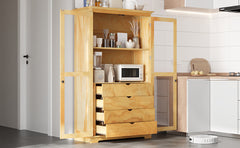 TOPMAX 44.7x20x75inch Kitchen Pantry, Freestanding Kitchen Storage Cabinet Display Cabinet with Glass Doors and 4 Built-in Drawers for Living Room, Home Office, Natural