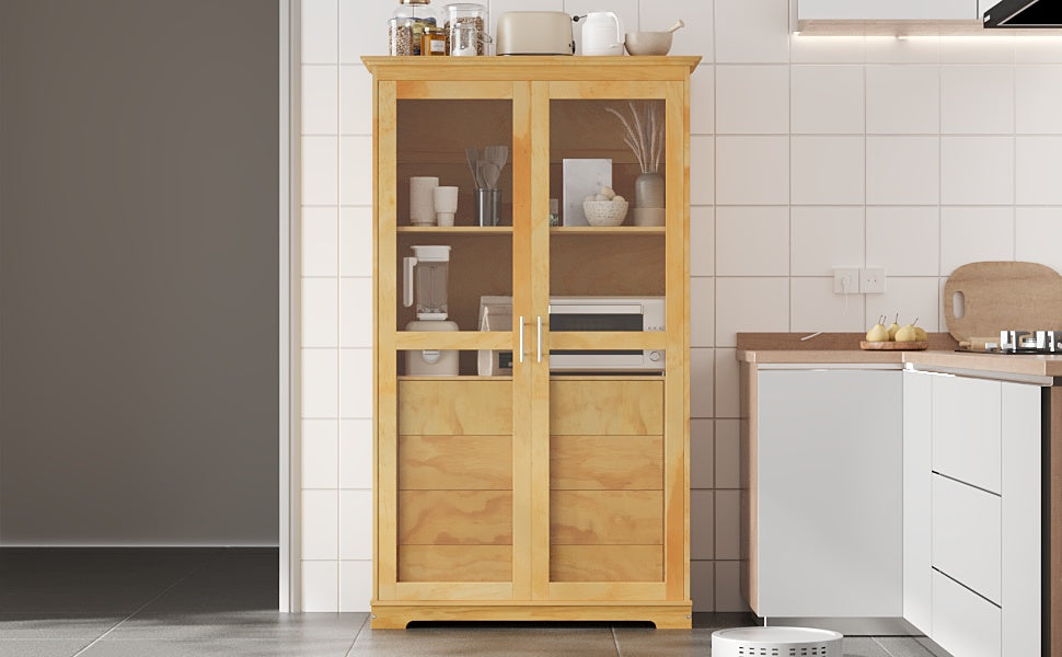 TOPMAX 44.7x20x75inch Kitchen Pantry, Freestanding Kitchen Storage Cabinet Display Cabinet with Glass Doors and 4 Built-in Drawers for Living Room, Home Office, Natural