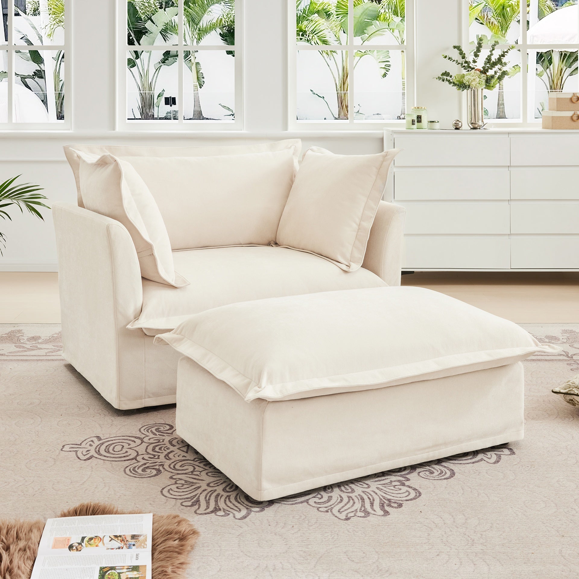 Upholstered Slipcovered Armchair with Ottoman,  Deep Seat Armchair W/ Wide Ottoman for Living Room, Armchair Sets with Large Soft Pillows(Set of 2),Chenille Fabric,Cream