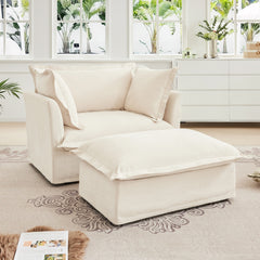 Upholstered Slipcovered Armchair with Ottoman,  Deep Seat Armchair W/ Wide Ottoman for Living Room, Armchair Sets with Large Soft Pillows(Set of 2),Chenille Fabric,Cream