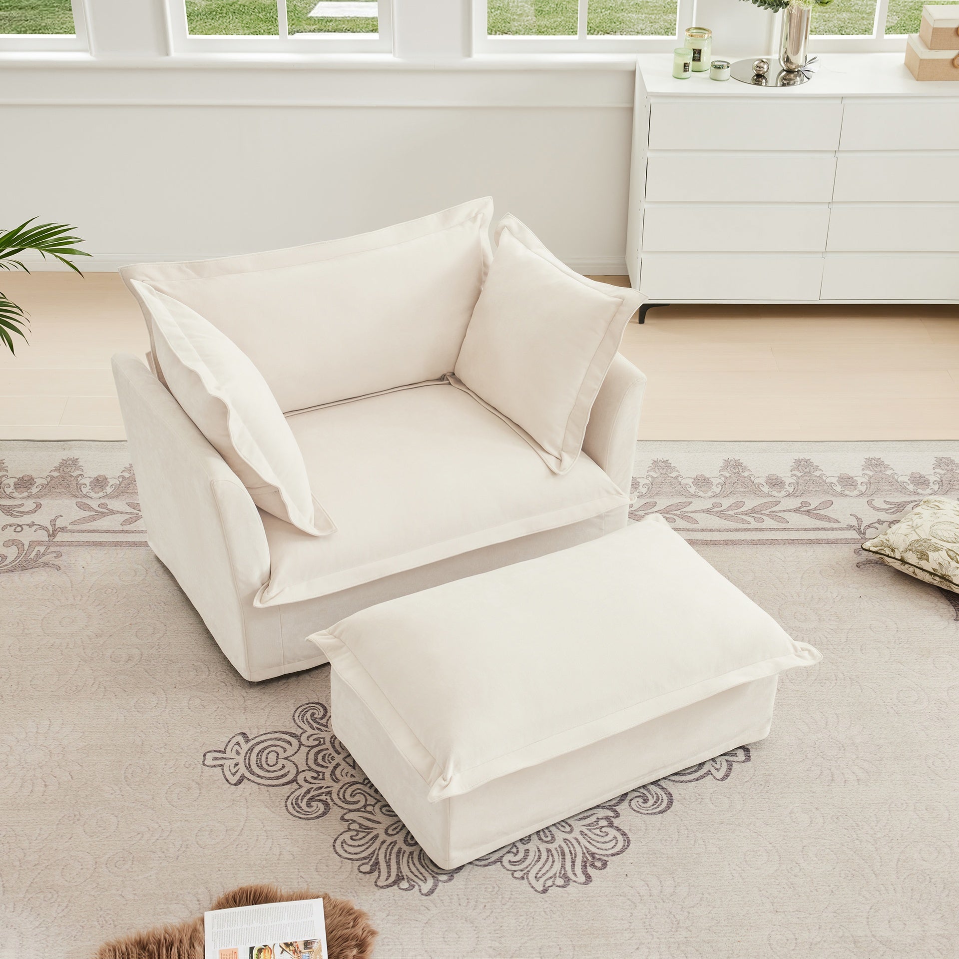 Upholstered Slipcovered Armchair with Ottoman,  Deep Seat Armchair W/ Wide Ottoman for Living Room, Armchair Sets with Large Soft Pillows(Set of 2),Chenille Fabric,Cream