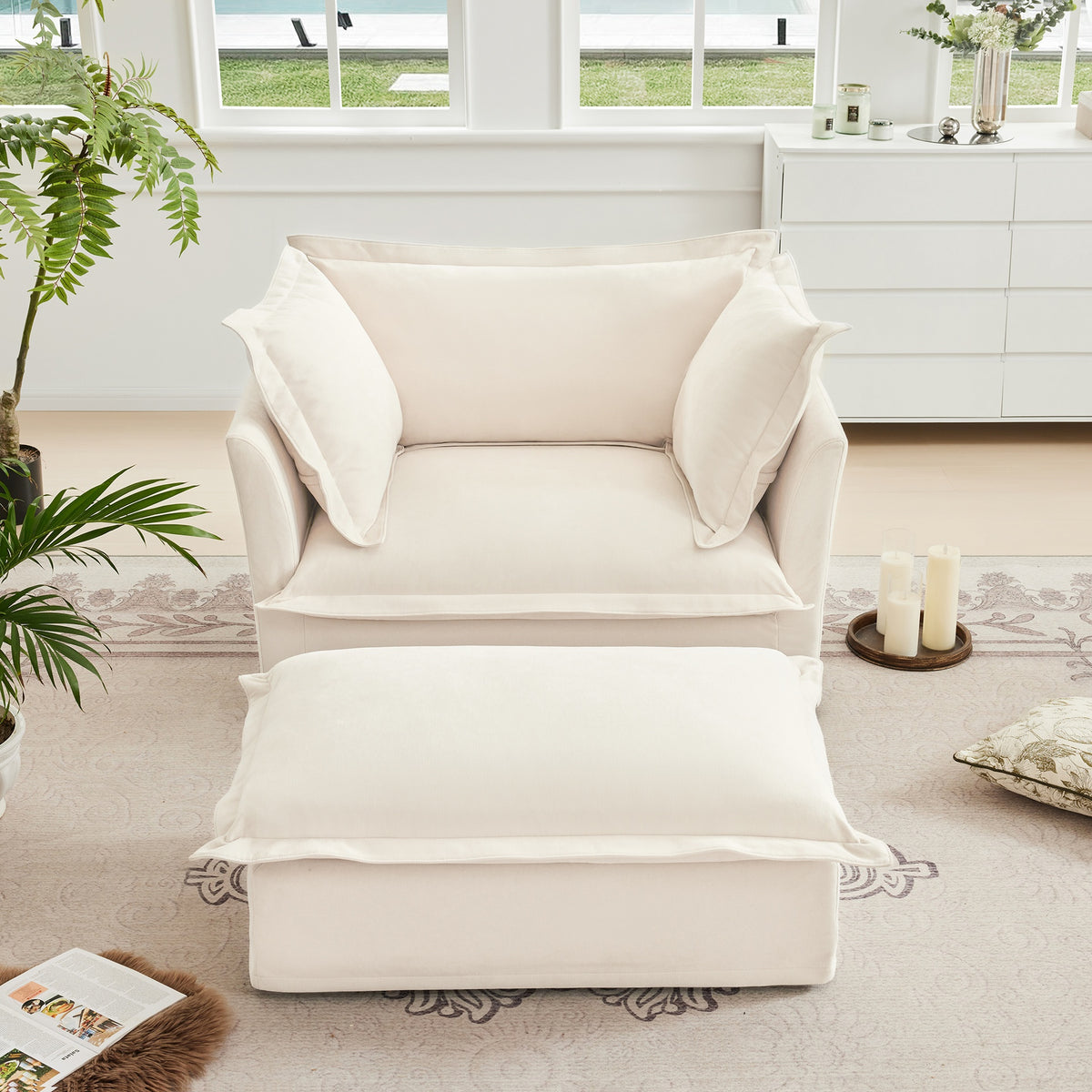 Upholstered Slipcovered Armchair with Ottoman,  Deep Seat Armchair W/ Wide Ottoman for Living Room, Armchair Sets with Large Soft Pillows(Set of 2),Chenille Fabric,Cream