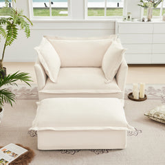 Upholstered Slipcovered Armchair with Ottoman,  Deep Seat Armchair W/ Wide Ottoman for Living Room, Armchair Sets with Large Soft Pillows(Set of 2),Chenille Fabric,Cream