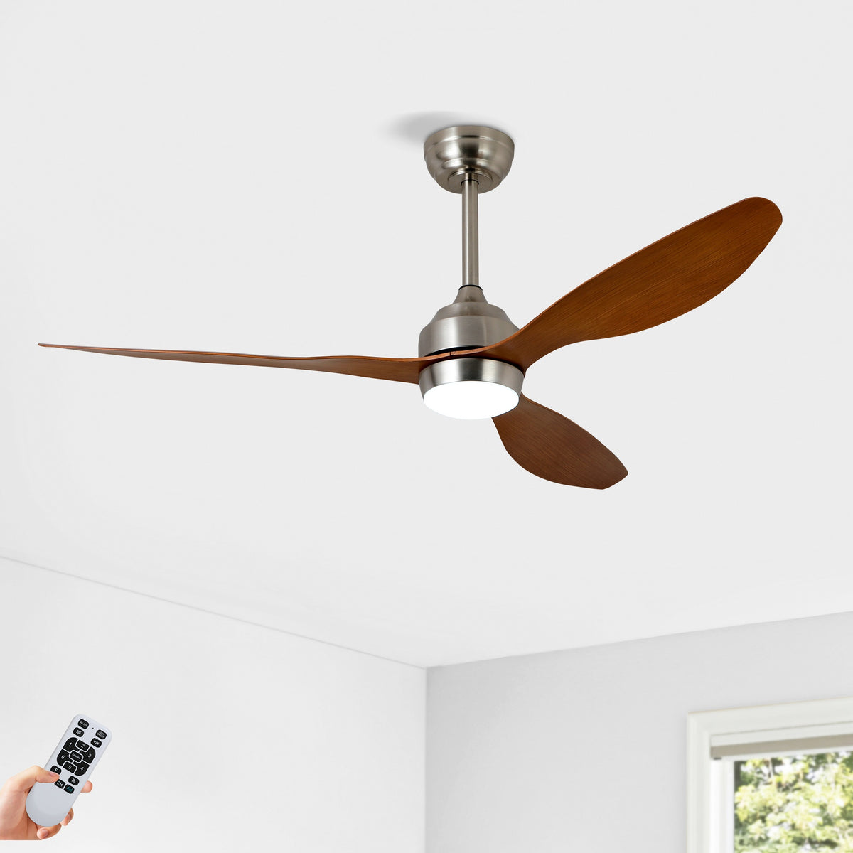 52" Ceiling Fan with Lights Quiet DC Motor 3 ABS Blade Ceiling Fans 6 Speed Levels,Reversible Ceiling Fan, for Patio Living Room, Bedroom, Office,Indoor.(Stain nickel + Walnut )