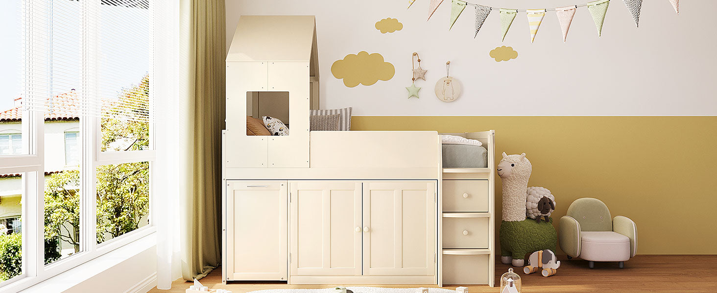 Twin Size Wooden Loft Bed with Desk, Drawers,Cabinets,Beige