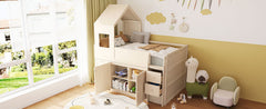 Twin Size Wooden Loft Bed with Desk, Drawers,Cabinets,Beige