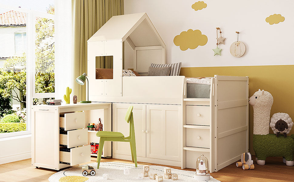 Twin Size Wooden Loft Bed with Desk, Drawers,Cabinets,Beige