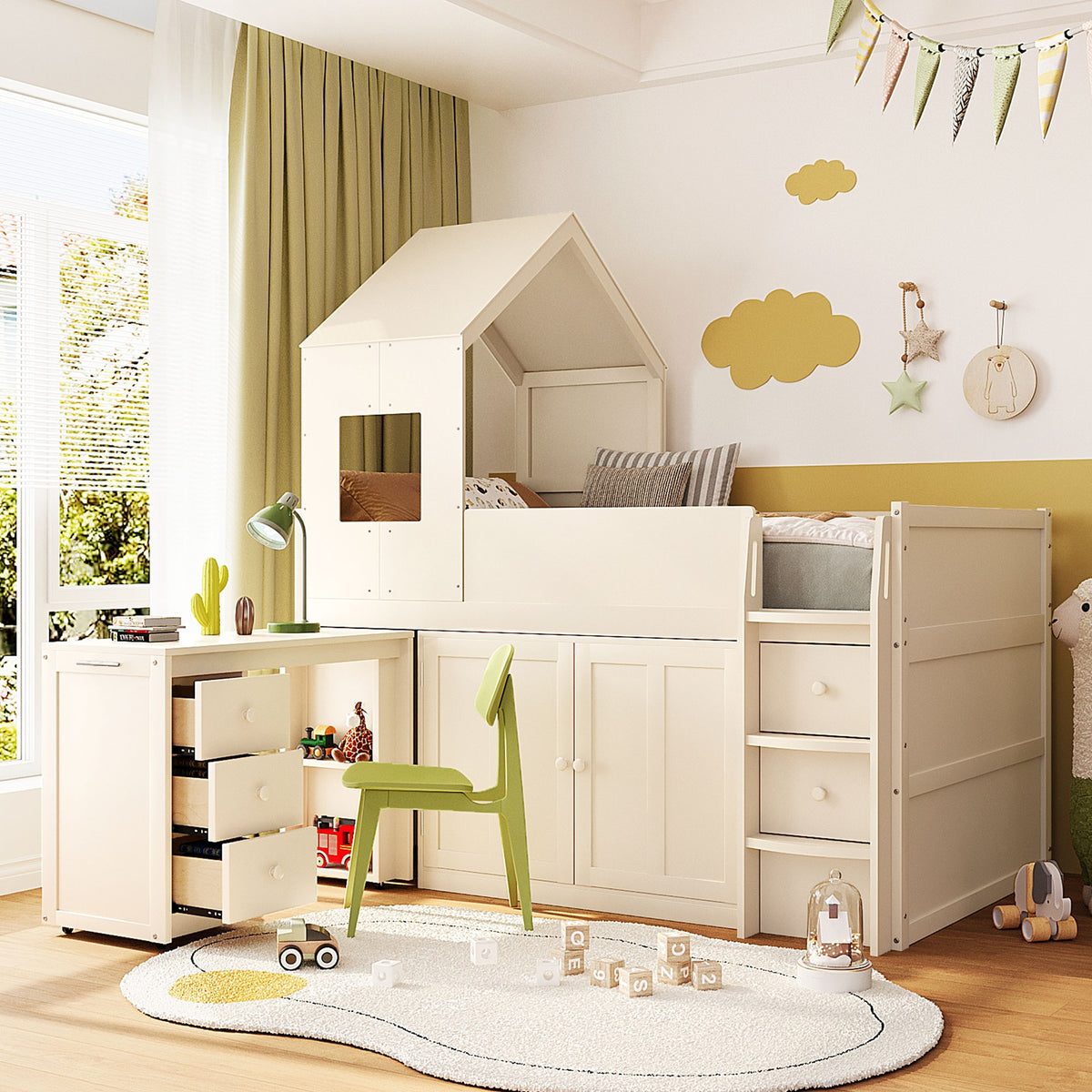 Twin Size Wooden Loft Bed with Desk, Drawers,Cabinets,Beige