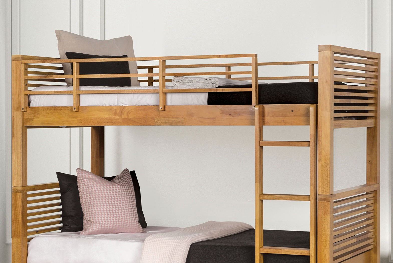Twin Over Twin Transitional Style Bunk Bed Light Oak Finish With Underbed Open Storage Space And Sliding Door