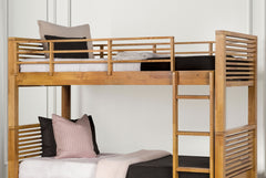 Twin Over Twin Transitional Style Bunk Bed Light Oak Finish With Underbed Open Storage Space And Sliding Door