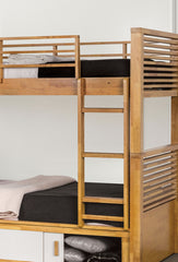 Twin Over Twin Transitional Style Bunk Bed Light Oak Finish With Underbed Open Storage Space And Sliding Door
