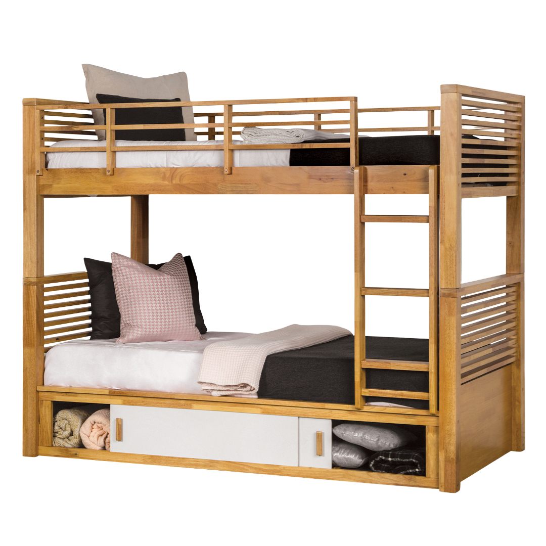 Twin Over Twin Transitional Style Bunk Bed Light Oak Finish With Underbed Open Storage Space And Sliding Door