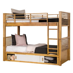Twin Over Twin Transitional Style Bunk Bed Light Oak Finish With Underbed Open Storage Space And Sliding Door