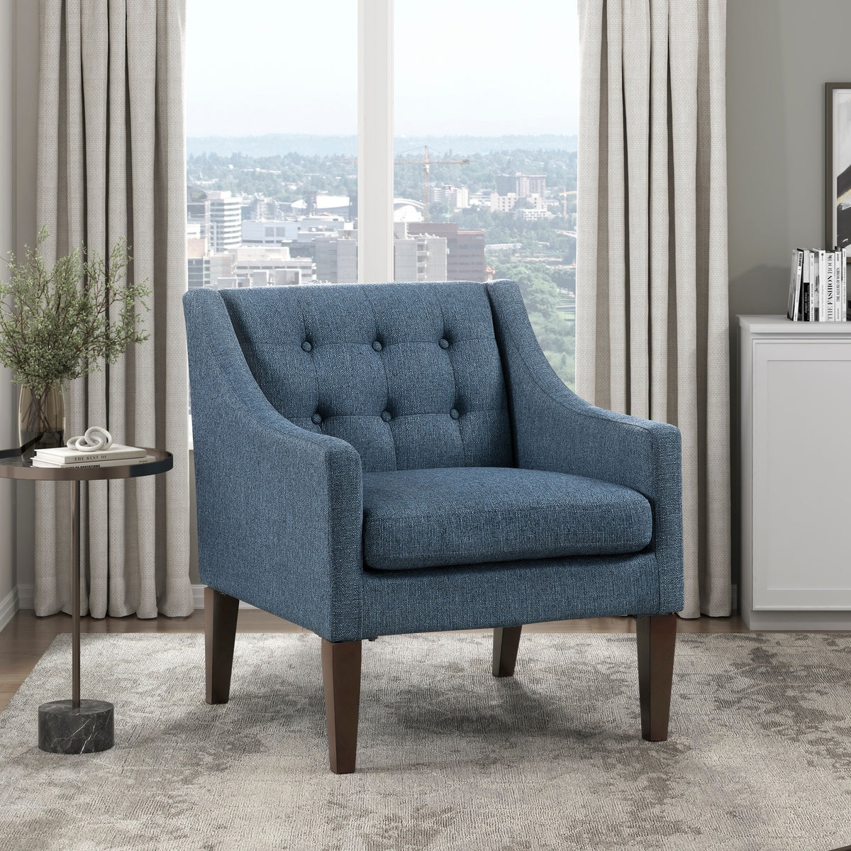 Contemporary Living Room Furniture 1pc Accent Chair Blue Button-Tufted Fabric Upholstery