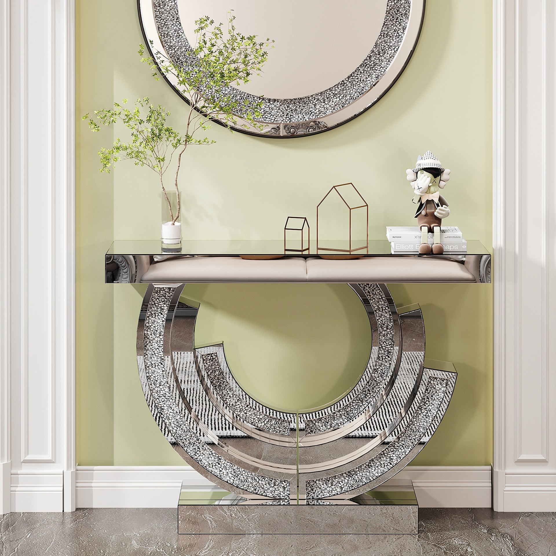 3C Shaped Crushed Diamond Hallway Table For Hotel Mirrored Centre Diamond Console Table For Living Room