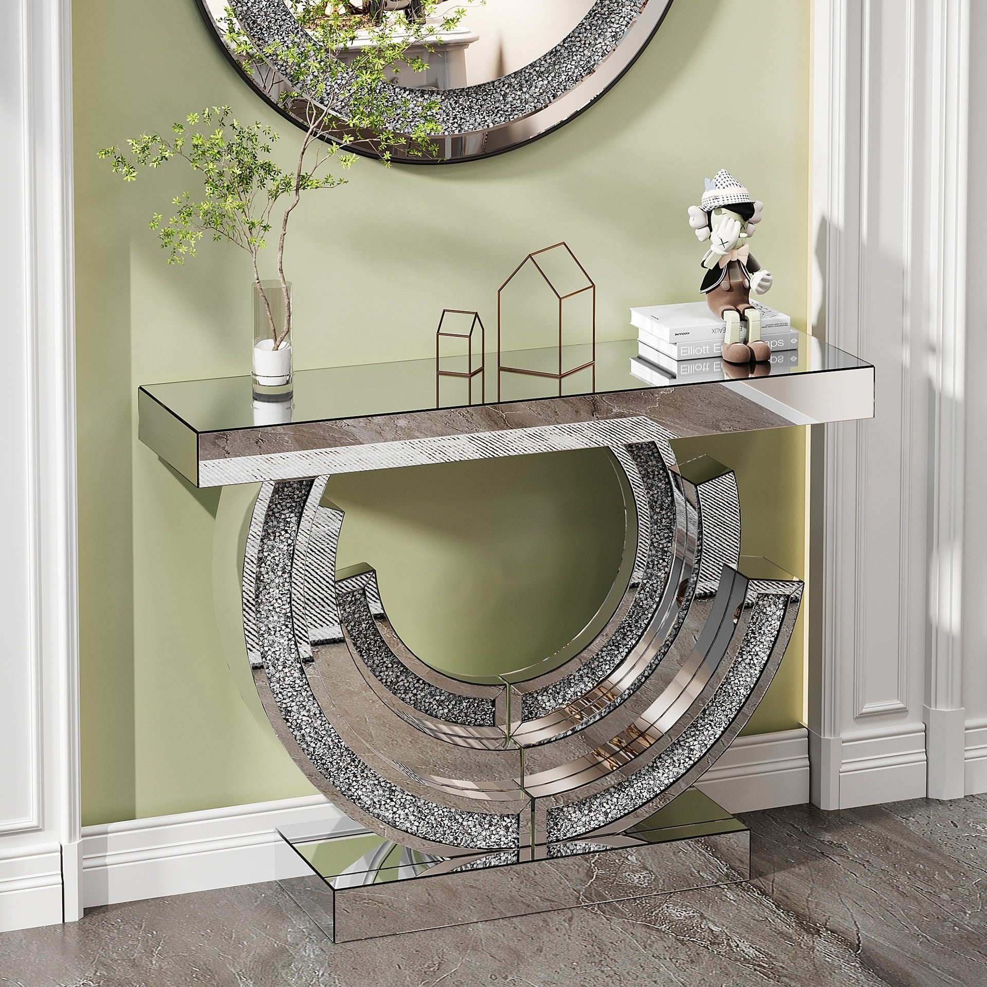 3C Shaped Crushed Diamond Hallway Table For Hotel Mirrored Centre Diamond Console Table For Living Room