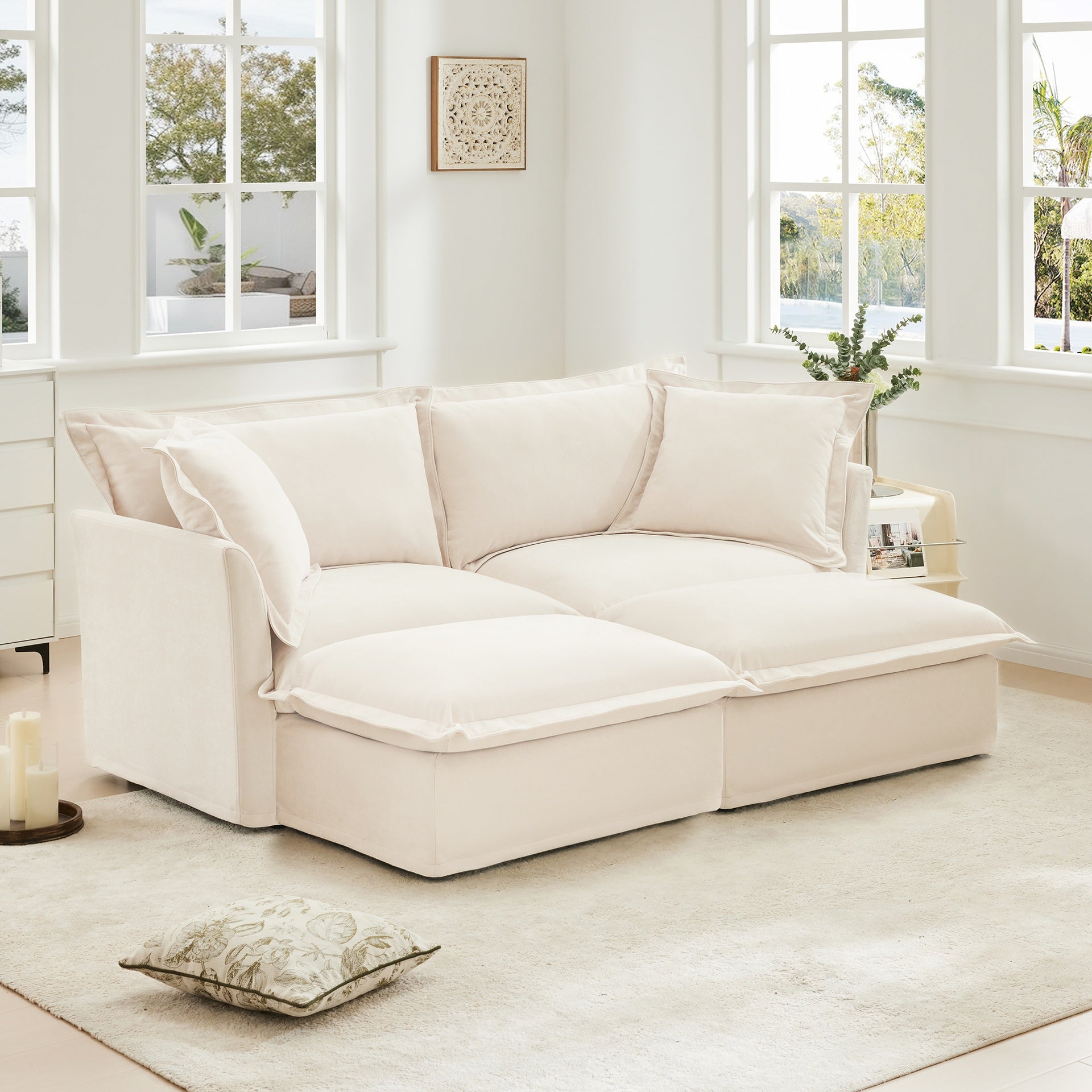Slipcovered Sofa 2 Seater Sofa    With 2 Ottomans, 2 Seater Sleeper Sofa Bed Home Theater Oversized Sofa For Living Room, Chenille, Cream