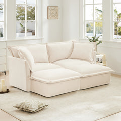 Slipcovered Sofa 2 Seater Sofa    With 2 Ottomans, 2 Seater Sleeper Sofa Bed Home Theater Oversized Sofa For Living Room, Chenille, Cream
