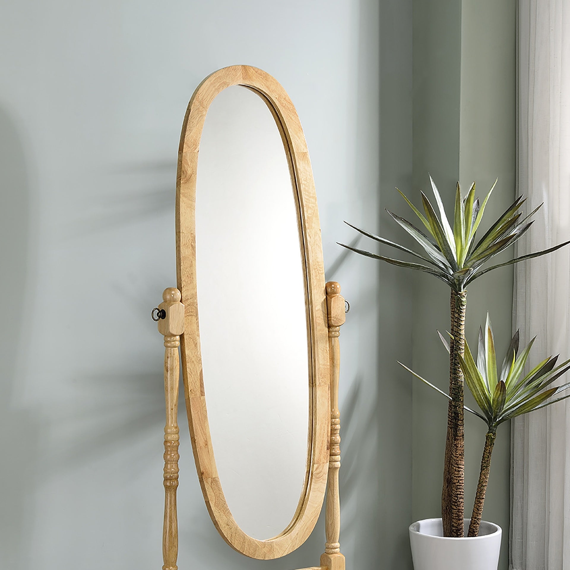 59.25" Tall Standing Wooden Floor Mirror with Natural finish, Oval Shape