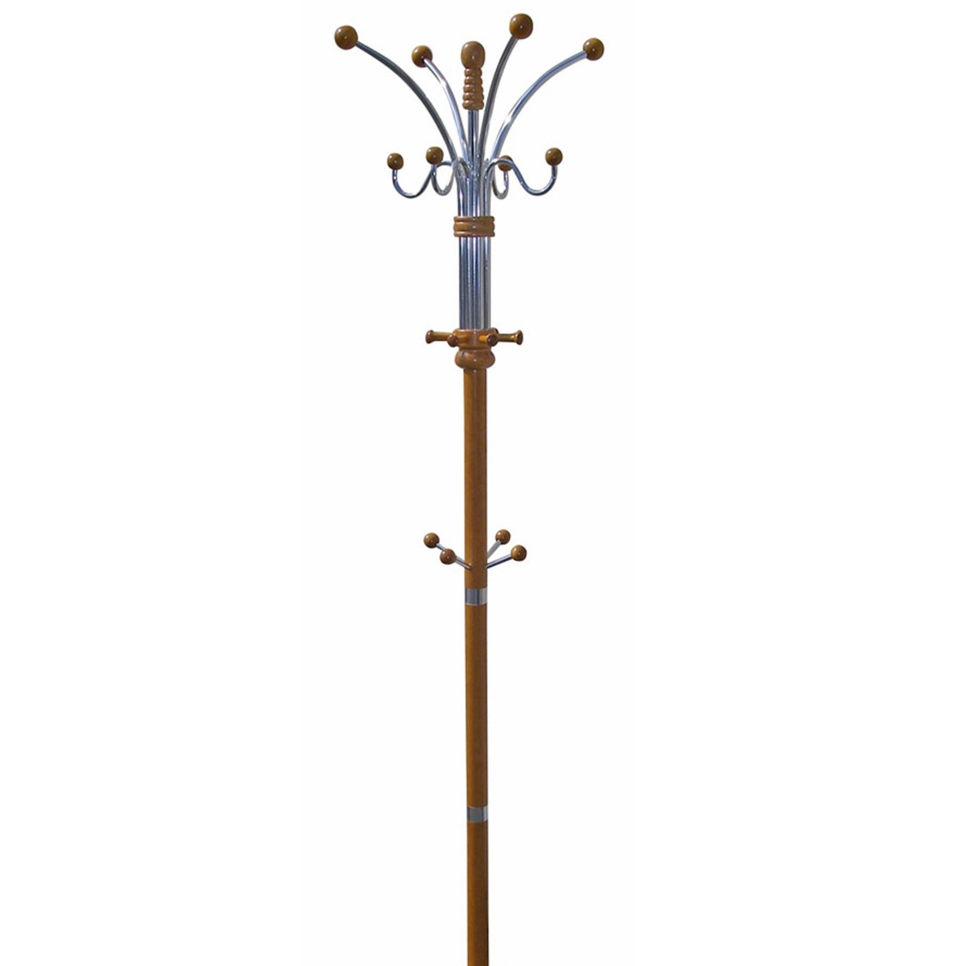 73" Tall Chrome and Wood Coat Rack, Oak finish