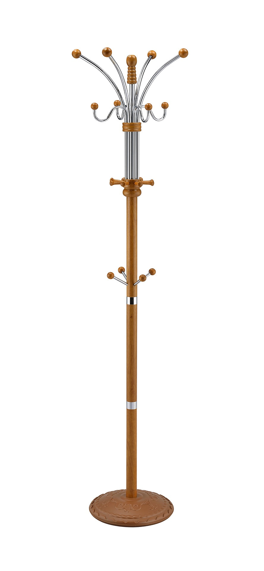 73" Tall Chrome and Wood Coat Rack, Oak finish