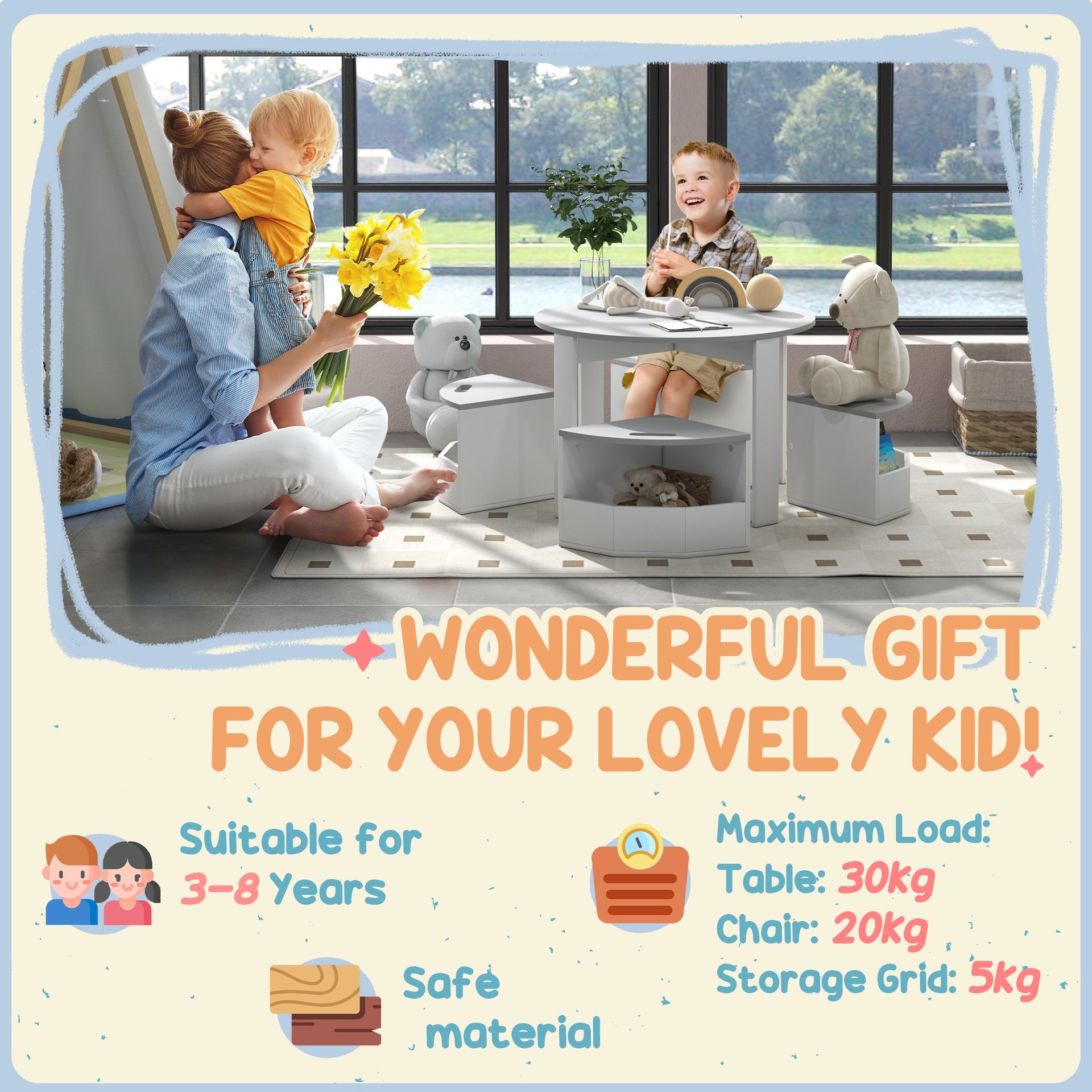 Qaba Kids Table and Chairs Set, 5 Piece Toddler Table and Chairs Set with Storage for Art, Craft, Drawing, Playroom, Classroom, Nursery, Gray