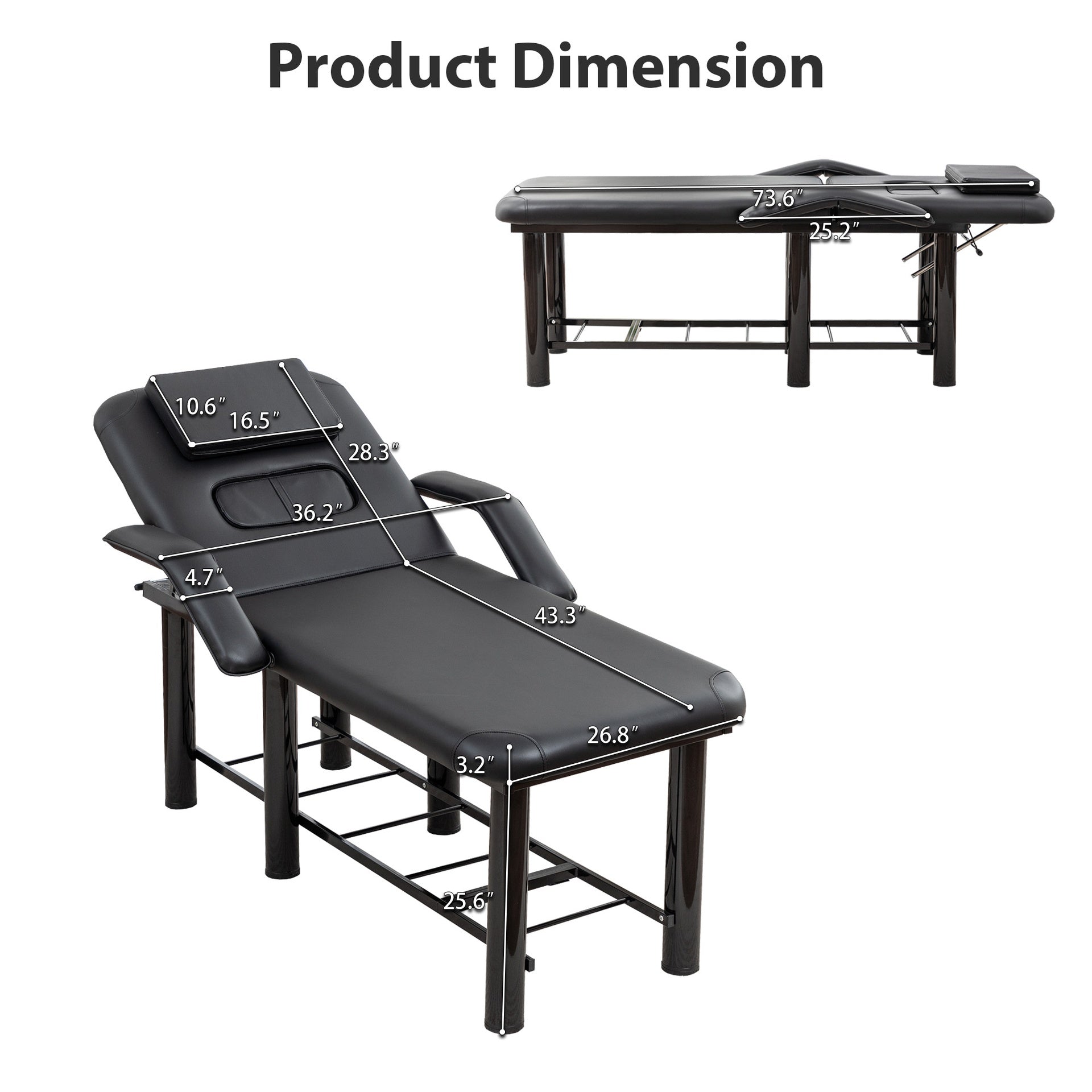 Professional Black Beauty Bed with Removable Headrest & Breast Cushions, Armrests and Storage Shelf for Massage, Facial, Tattoo & Spa
