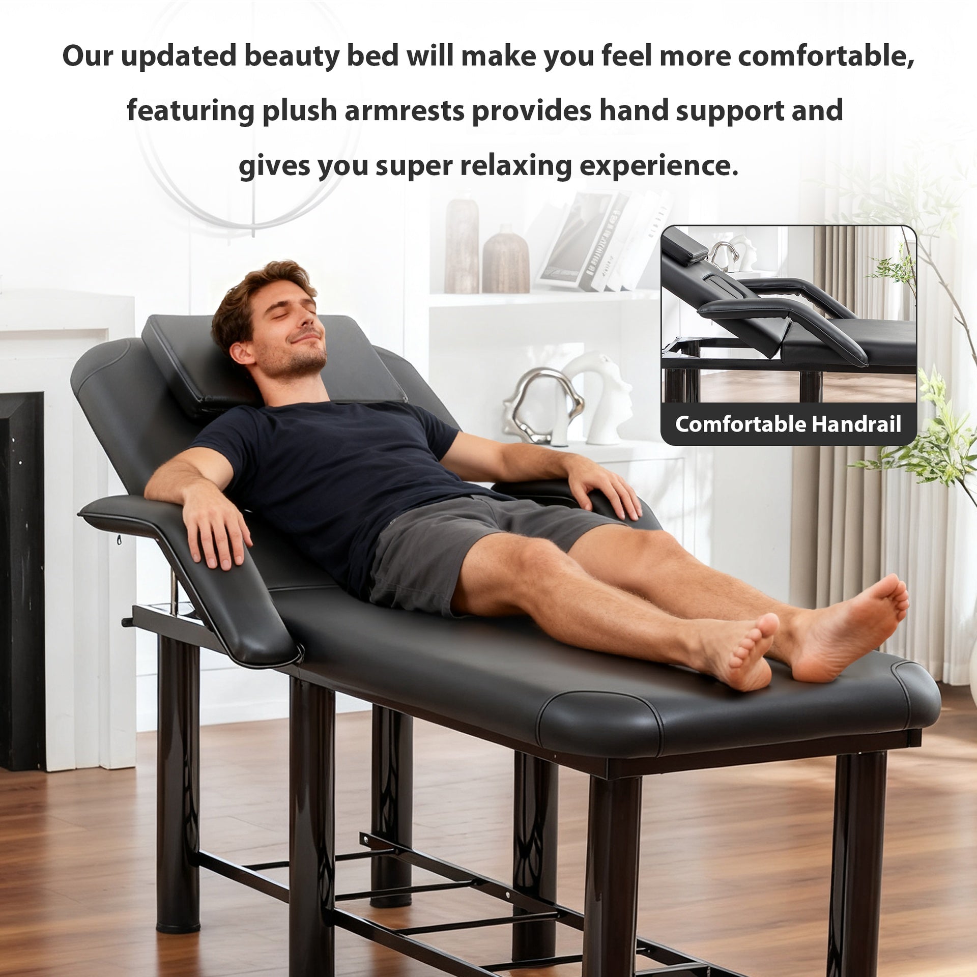 Professional Black Beauty Bed with Removable Headrest & Breast Cushions, Armrests and Storage Shelf for Massage, Facial, Tattoo & Spa