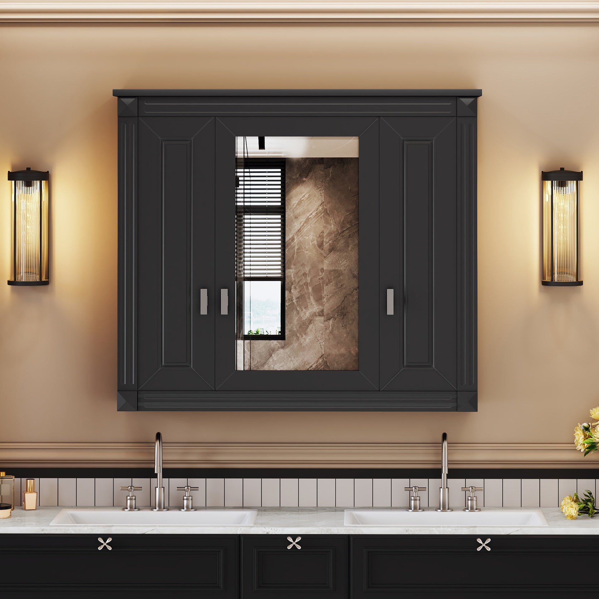 Bathroom Wall Cabinet with Mirror, Wall Mounted Medicine Cabinet with 4 Shelves, Mirrored Door Over Toilet Storage Cabinet
