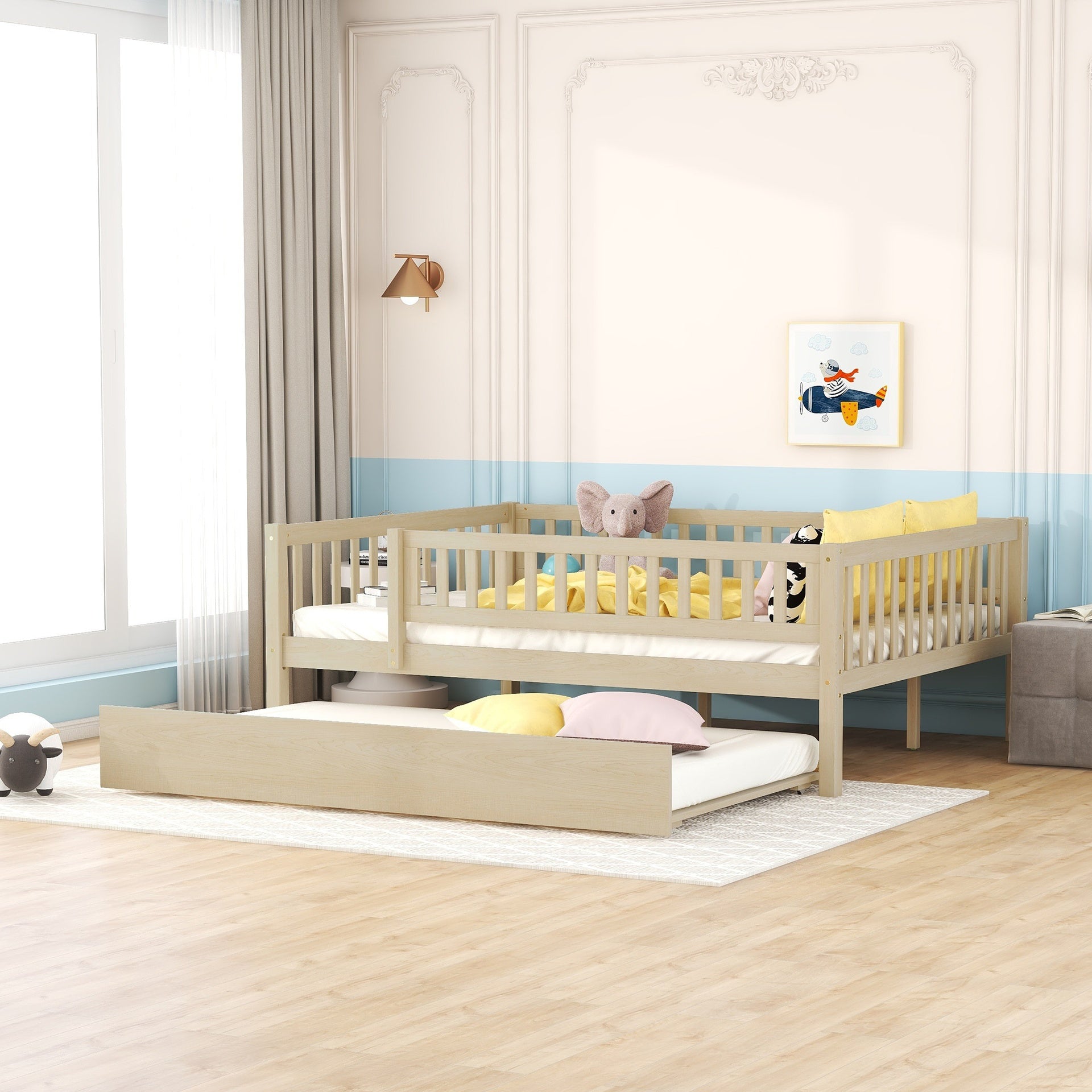 Full Size Wood Daybed with Trundle and Fence Guardrails, Natural