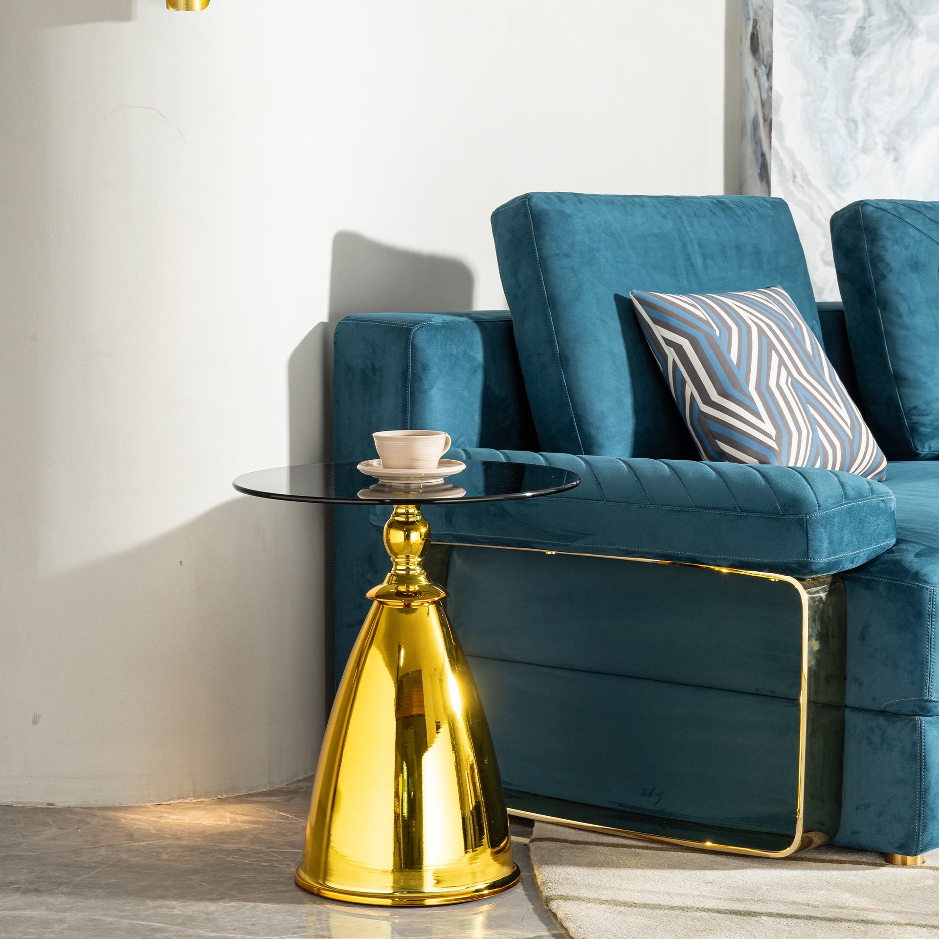 Round Side Table with Glass Top, Small Coffee End Table with Gold Metal Pedestal Base, Modern Accent Drink Table for Living Room, Bedroom, or Balcony (Black & Gold)