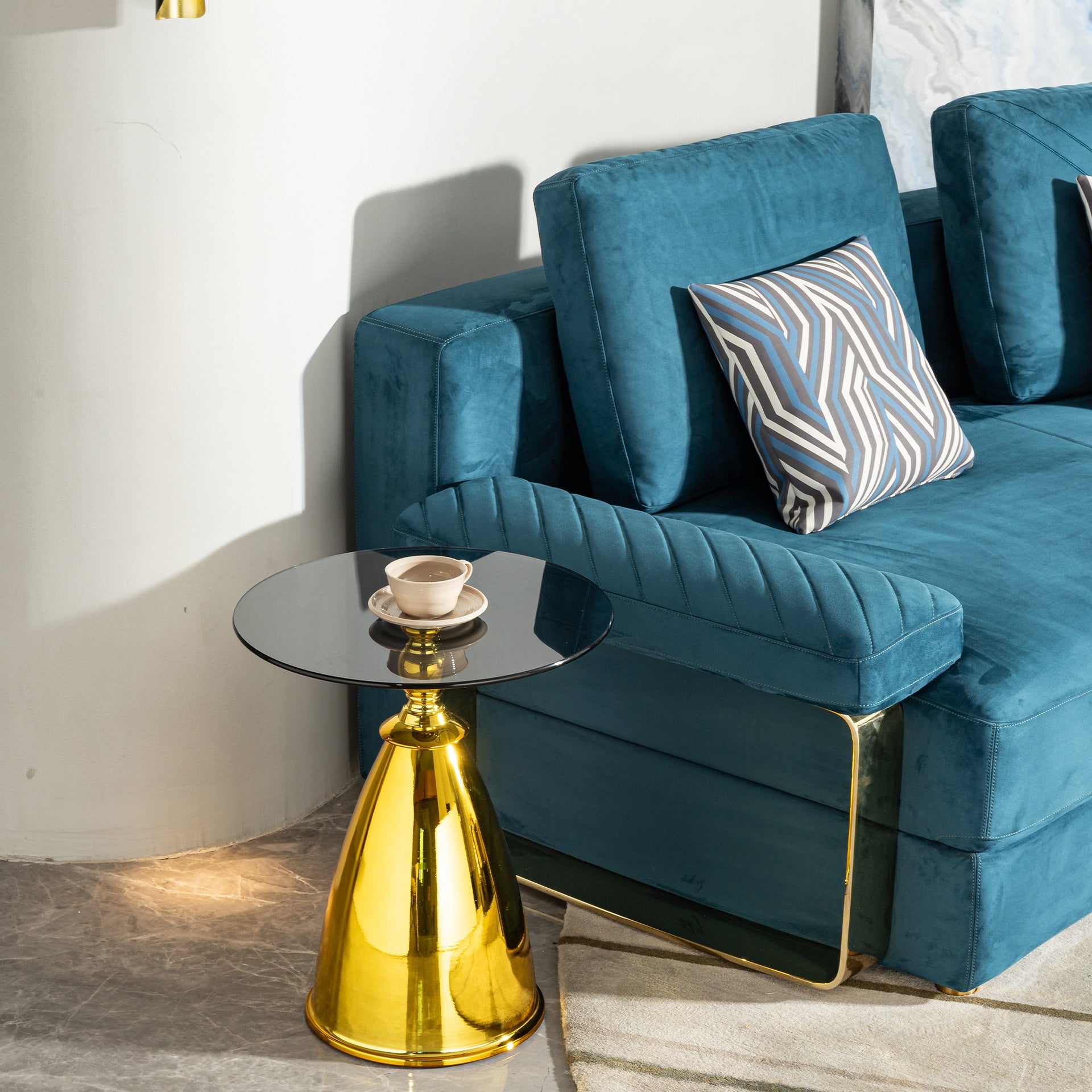 Round Side Table with Glass Top, Small Coffee End Table with Gold Metal Pedestal Base, Modern Accent Drink Table for Living Room, Bedroom, or Balcony (Black & Gold)