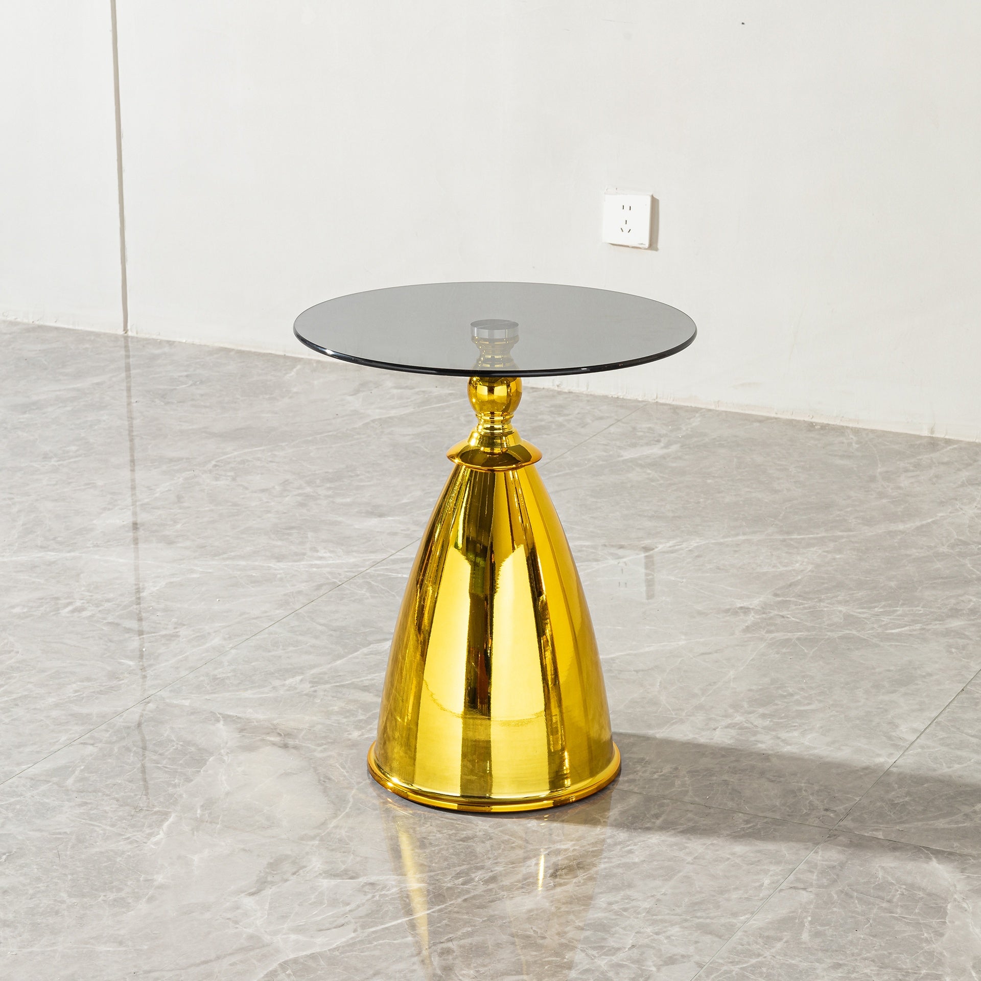 Round Side Table with Glass Top, Small Coffee End Table with Gold Metal Pedestal Base, Modern Accent Drink Table for Living Room, Bedroom, or Balcony (Black & Gold)