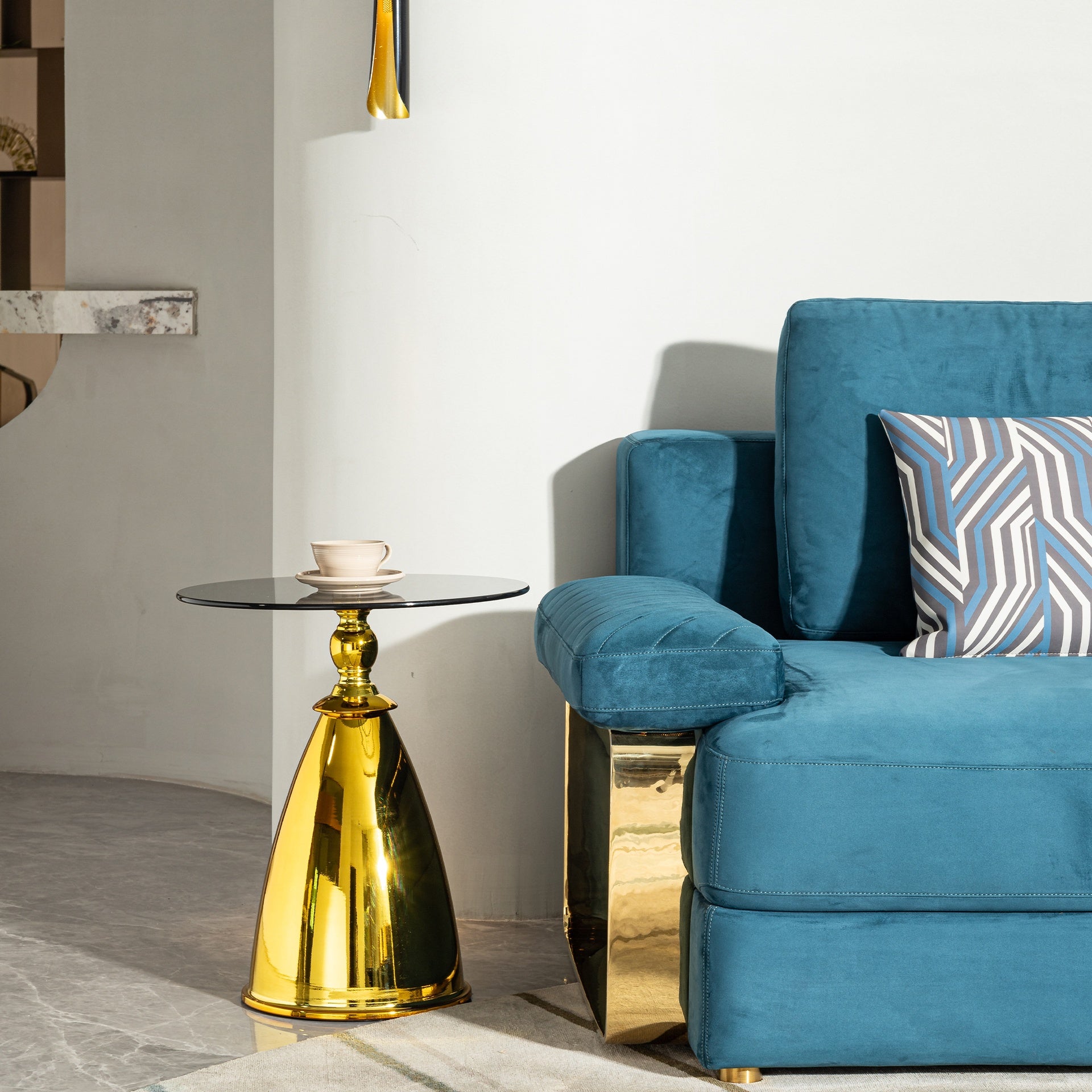 Round Side Table with Glass Top, Small Coffee End Table with Gold Metal Pedestal Base, Modern Accent Drink Table for Living Room, Bedroom, or Balcony (Black & Gold)