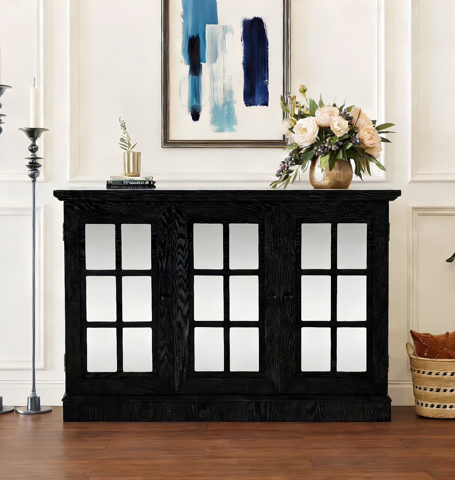 45" W Storage cabinet with 3 mirrored acrylic doors, sideboard with adjustable shelves for living room dinning room kitchen, black decorative laminates and MDF substrate buffet with magnetic door