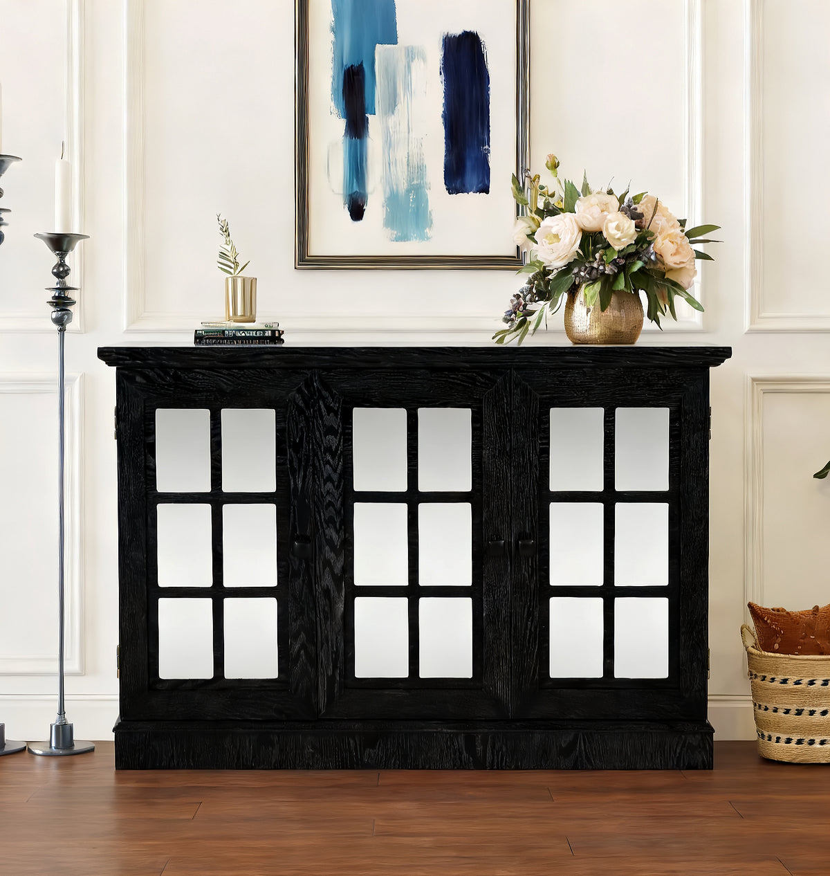 45" W Storage cabinet with 3 mirrored acrylic doors, sideboard with adjustable shelves for living room dinning room kitchen, black decorative laminates and MDF substrate buffet with magnetic door