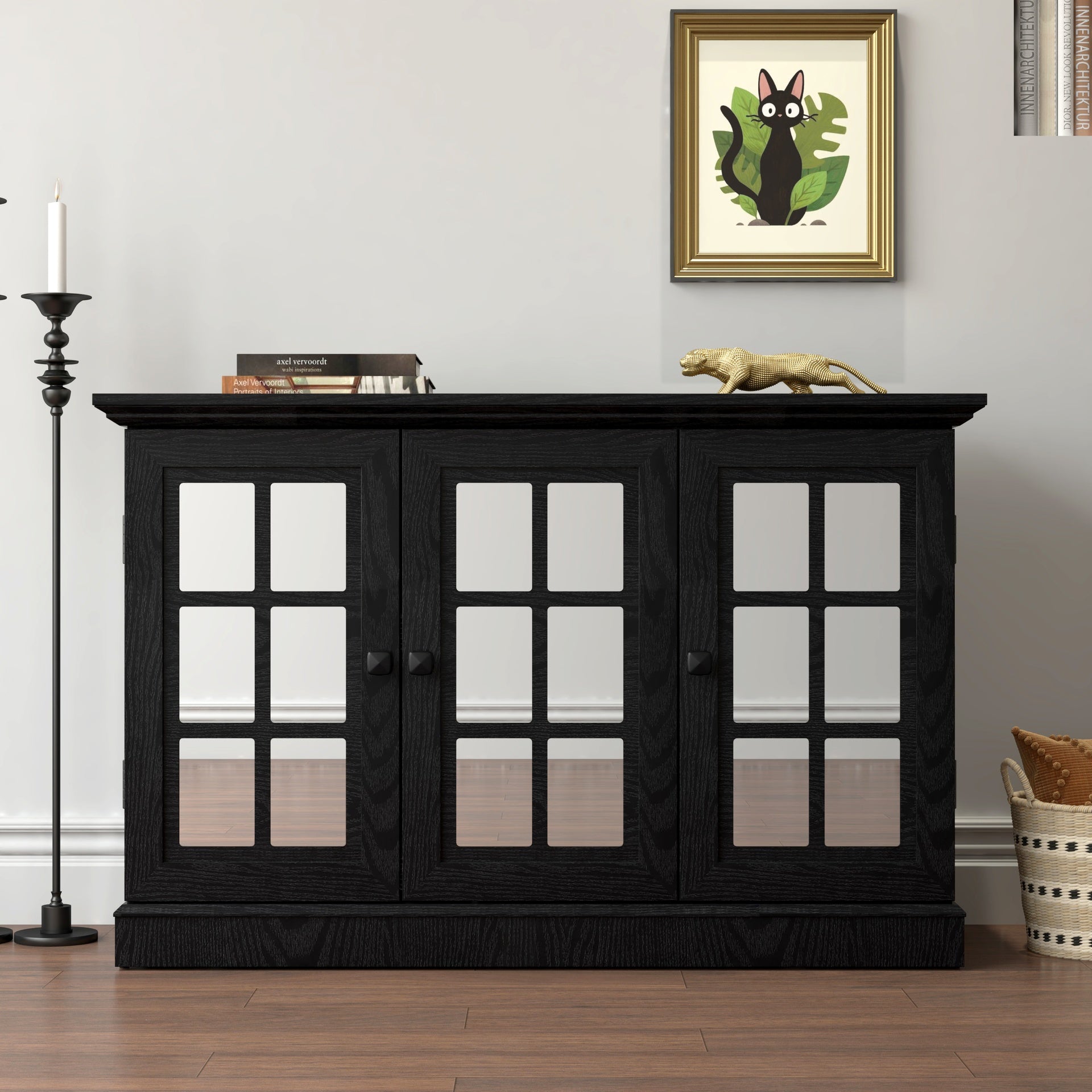45" W Storage cabinet with 3 mirrored acrylic doors, sideboard with adjustable shelves for living room dinning room kitchen, black decorative laminates and MDF substrate buffet with magnetic door