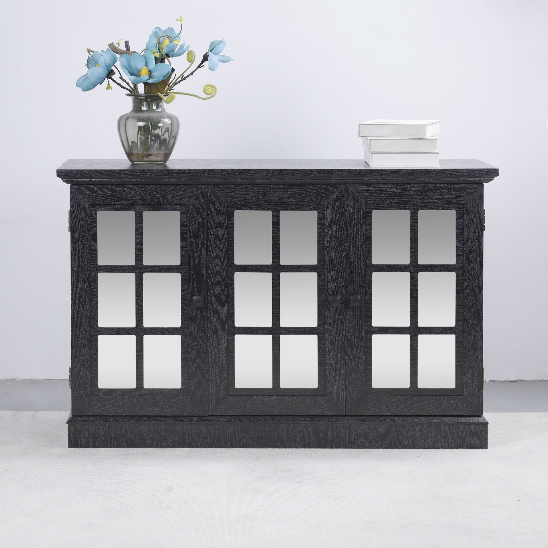 45" W Storage cabinet with 3 mirrored acrylic doors, sideboard with adjustable shelves for living room dinning room kitchen, black decorative laminates and MDF substrate buffet with magnetic door
