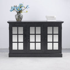 45" W Storage cabinet with 3 mirrored acrylic doors, sideboard with adjustable shelves for living room dinning room kitchen, black decorative laminates and MDF substrate buffet with magnetic door