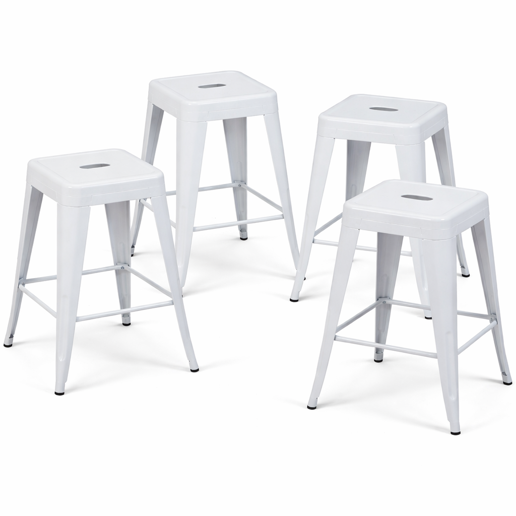 24 Inch Counter Height Stool, Backless Metal Bar Stools Set of 4, Non-Stackable, Detachable & Easy Assembly, Space-Saving Design for Kitchen Island/Bar/Café/Dining Room (White)