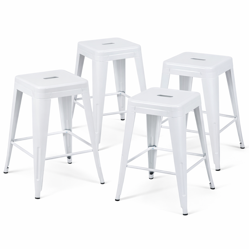 24 Inch Counter Height Stool, Backless Metal Bar Stools Set of 4, Non-Stackable, Detachable & Easy Assembly, Space-Saving Design for Kitchen Island/Bar/Café/Dining Room (White)