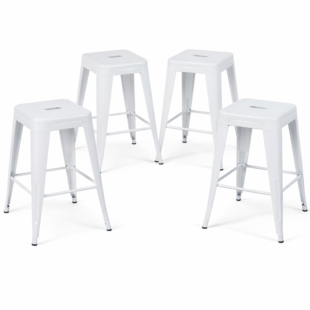 24 Inch Counter Height Stool, Backless Metal Bar Stools Set of 4, Non-Stackable, Detachable & Easy Assembly, Space-Saving Design for Kitchen Island/Bar/Café/Dining Room (White)