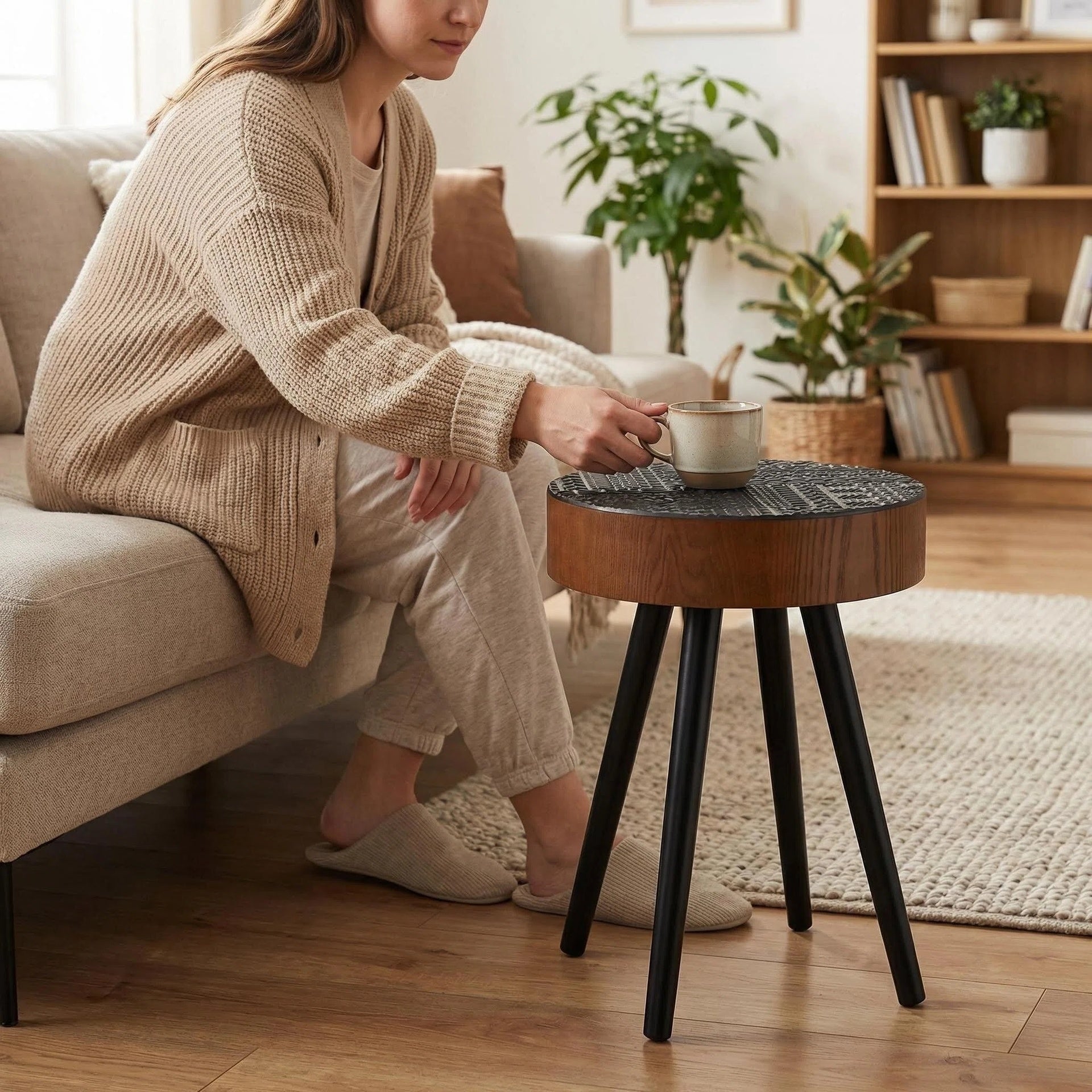 15.7-inch Round Side Table, Ideal Small Drink Table for Compact Spaces, Modern Accent Nightstand with Solid Wood Legs, Suitable for Living Room, Bedroom, Corner, and Office (Brown + Black)