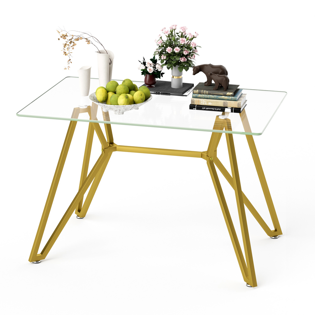 47.3-inch rectangular glass dining table, suitable for 1-6 people, modern style home kitchen dining table, equipped with sturdy metal table legs,suitable for dining room,living rooms, offices, Gold