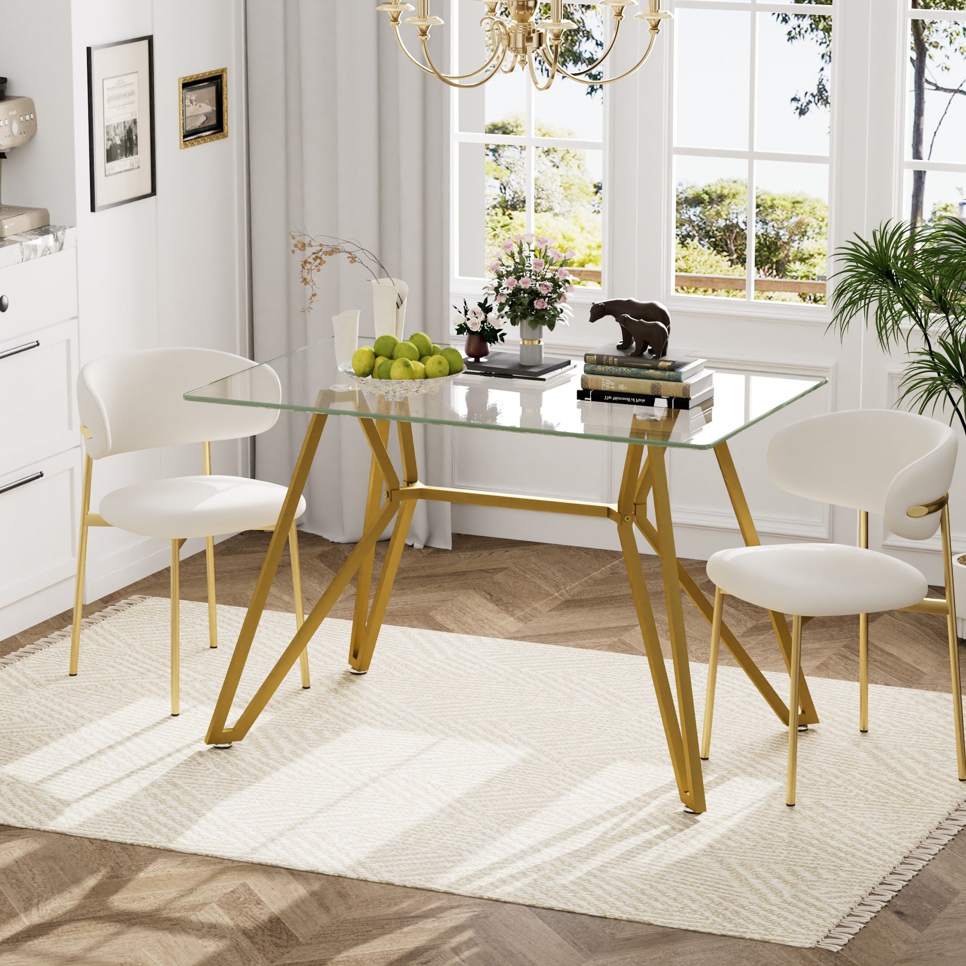 47.3-inch rectangular glass dining table, suitable for 1-6 people, modern style home kitchen dining table, equipped with sturdy metal table legs,suitable for dining room,living rooms, offices, Gold