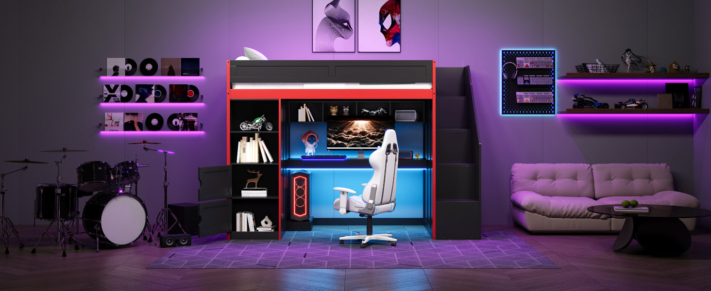Gaming Loft Bed with Desk and Storage,LED Lights, Twin